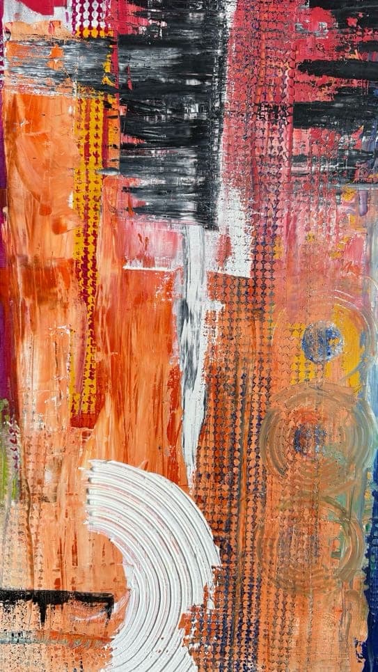 Detail: orange Farbschichten mit weißen Bögen und gepunkteter Struktur