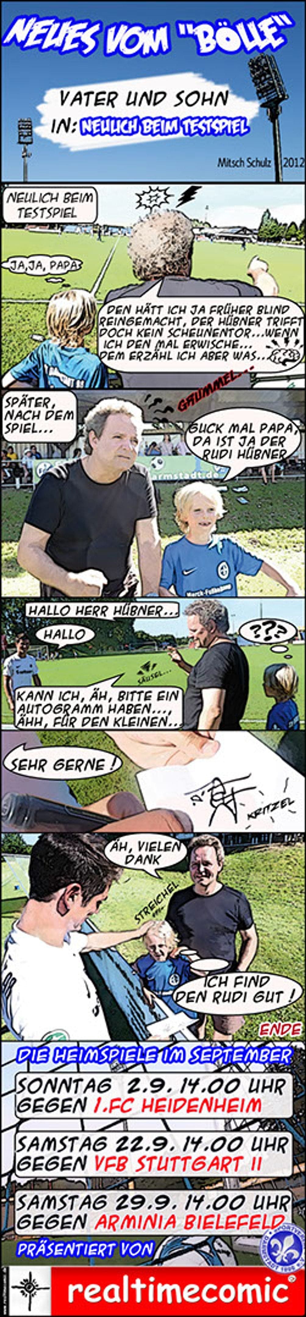 Realtimecomic-Strip „Neues vom Bölle“, Folge 1: Vater und Sohn treffen nach einem Testspiel des SV Darmstadt 98 den Spieler Rudi Hübner und bitten um ein Autogramm.