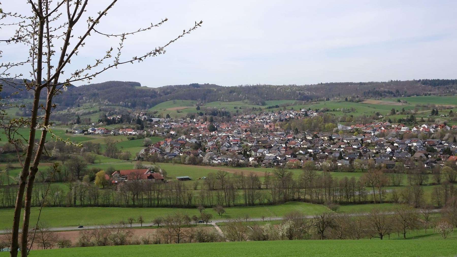 Blick über Wiesen und Felder auf Fränkisch-Crumbach im Gersprenztal, dahinter die Hügel des Odenwalds